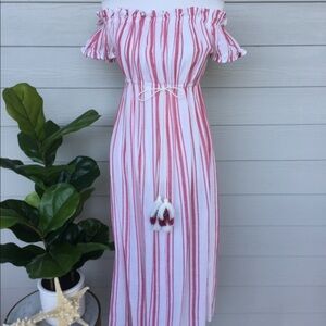NWT America + Beyond (S) Red&White Stripe On/Off Shoulder Maxi Tie Tassel Waist